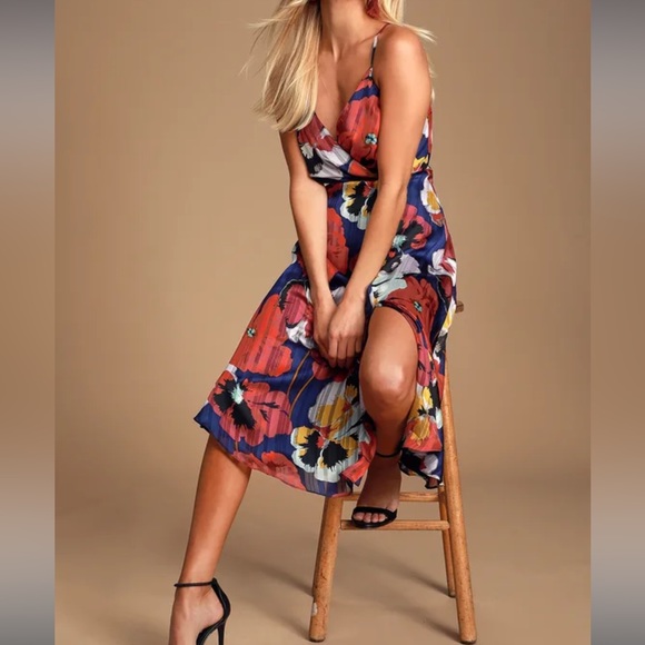 NWOT LULUS All About Love Royal Blue Floral Print Midi Dress - Picture 3 of 4